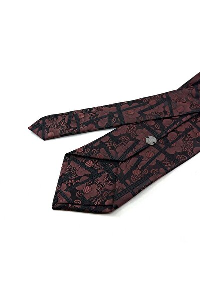 Kravatkolik Brown - Black Motif Pattern Classic Tie with Handkerchief Kk13309