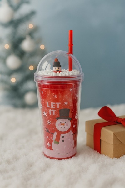 NEWNOW Christmas Themed Snowman Patterned Transparent Cup – Cold Drink Cup with Lid and Straw