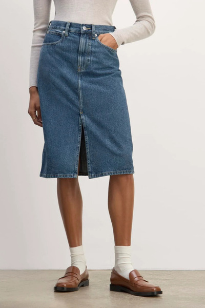 Setoso Yırtmaç Detaylı Yüksek Bel Midi Denim Etek - Klasik Mavi Midi Kot Etek.