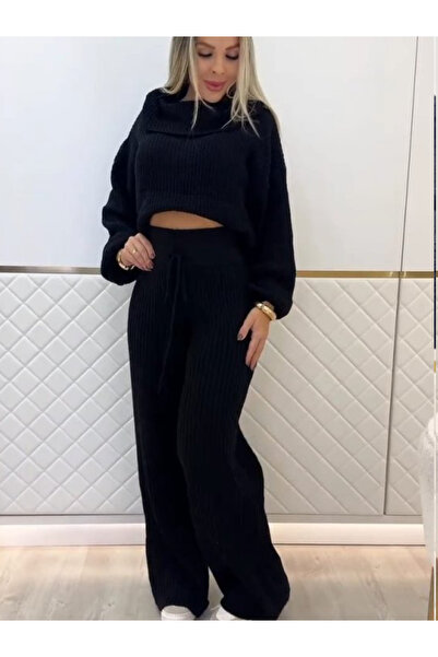 Viyamo Yeni Sezon Minimalist Kadın Triko Takım Balıkçı Yaka Kısa Üst ve Pantolon