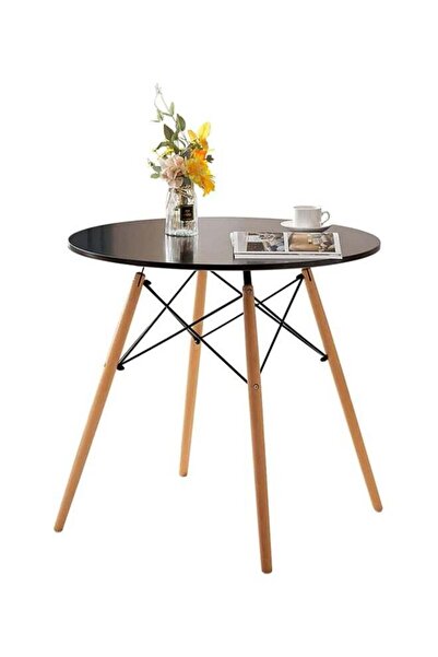 Taimi Black Round Dining Table 80x80x72cm With solid Wooden Legs Suitable For Dining and Living Room