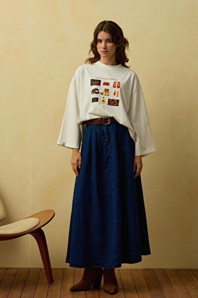 Ceylan Otantik Ecru Authentic Printed Basic Body & Denim Single Button Skirt Set