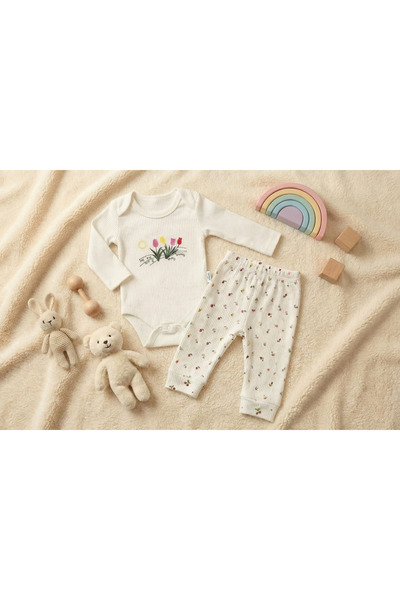 Nayinom %100 Pamuklu Lale Desenli Fitilli Yumuşak 2'li Bebek Takımı (Zıbın ve...