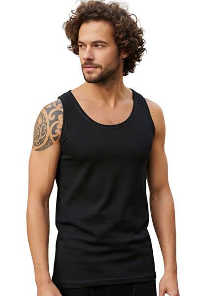 Fanilam Hasyün Men's Black Wool Thermal Undershirt – Natural Heat Insulation, Breathable Sweat-Absorbing Undershirt