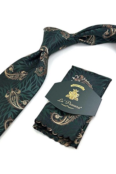 Kravatkolik Green - Brown Shawl Pattern Classic Tie with Handkerchief Kk13302