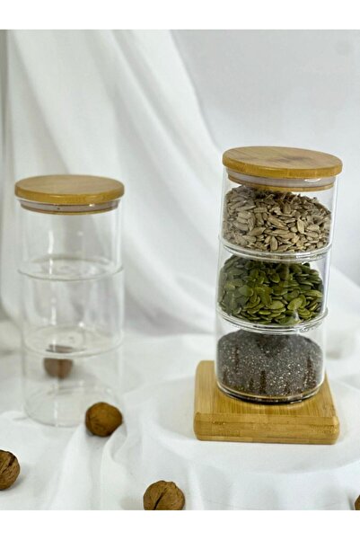 aden glass 3 Katlı Bambu Kapaklı Cam Drajelik Şekerlik Çerezlik Saklama Kabı ...