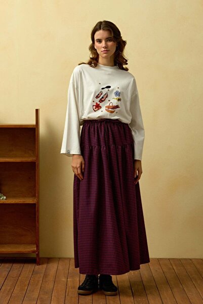 Ceylan Otantik Ecru Basket Printed Basic Body & Burgundy Polka Dot Ruffle Detail Polyviscose Skirt Set