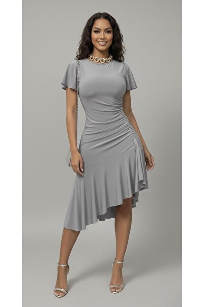 Cockatoo New Season Gray Draped Skirt Ruffle Detailed Asymmetrical Cut Short Sleeve Stylish Design Dress