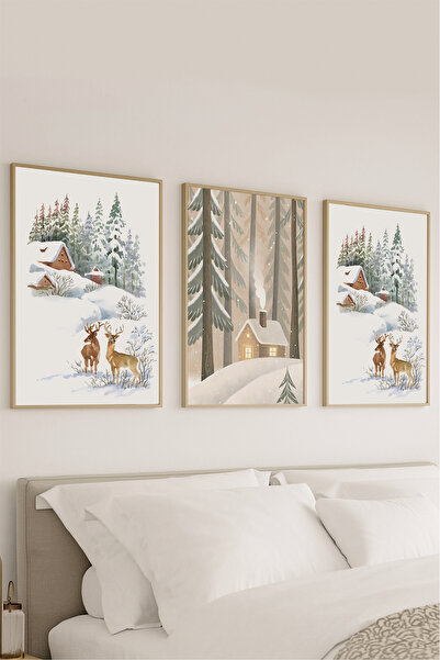 VOBA STORE 3 Pieces Frame Looking Christmas Snowy House Themed Mdf Painting -122