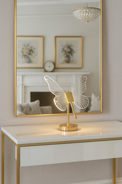 burenze Modern Luxury Tasarım Butterfly Kelebek Ledli Abajur Oynar Başlıklı Kablolu Parlak Gold Sarı