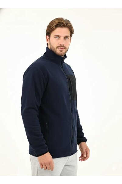 fh fashionhere Men's Full Zippered Navy Blue Fleece Jacket with 3 Front Pockets and Pocket Detail