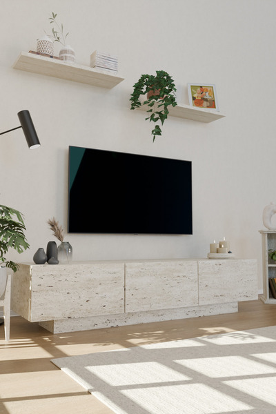 Estoria Home Terra Traverten Mermer Desen Tv Ünitesi Modern Uçan Tv Sehpası 3 Kapaklı Bohem Minimal Tasarım
