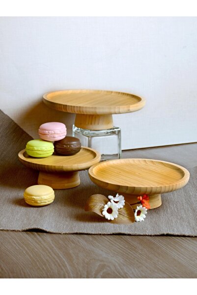 Bayev Bamboo 3-Piece Round Footed Presentation Tray Set - Wooden Serving Presentation Plate 15-17-20 cm