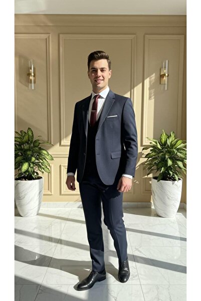 Salihtarzz Takım Elbise Yelekli Battal Büyük Beden Lacivert SD42273