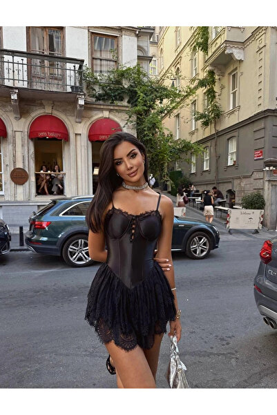 Bak Moda Lace Detailed Satin Corset Mini Suspender Black Shorts Skirt Dress