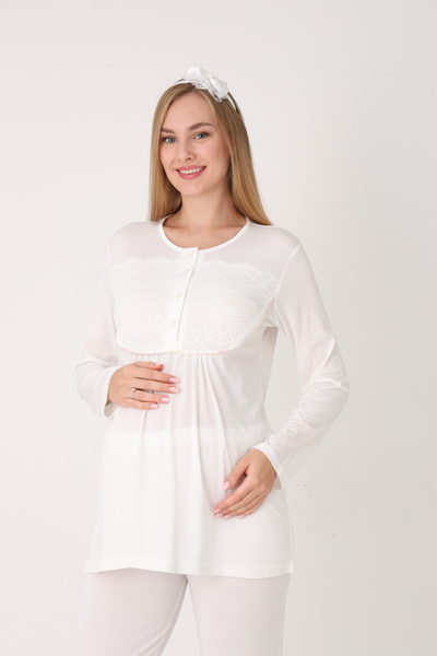 ERDENİZ TEKSTİL Floral Patterned Maternity Pajama Set with Dressing Gown 3-Piece Set