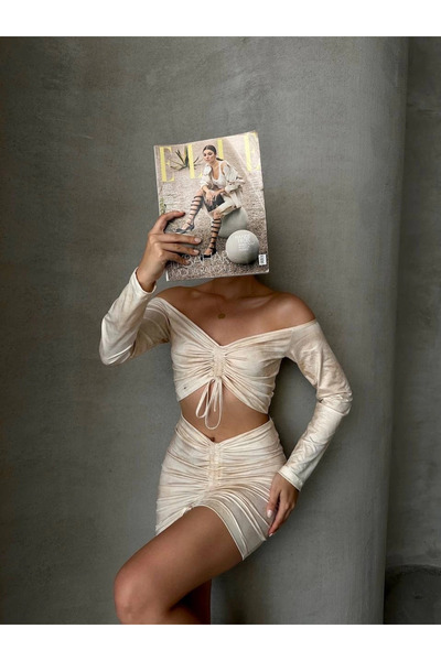 Zerenyus Gathered Skirt Blouse 2 Piece Set Beige