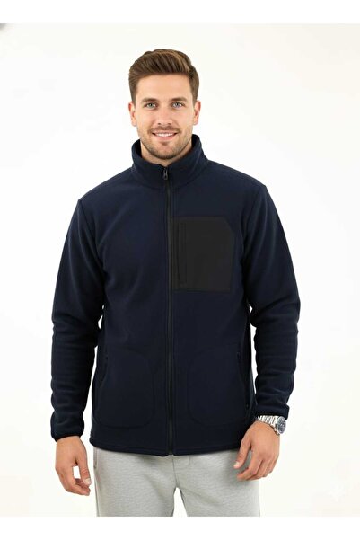fh fashionhere Men's Full Zippered Navy Blue Fleece Jacket with 3 Front Pockets and Pocket Detail