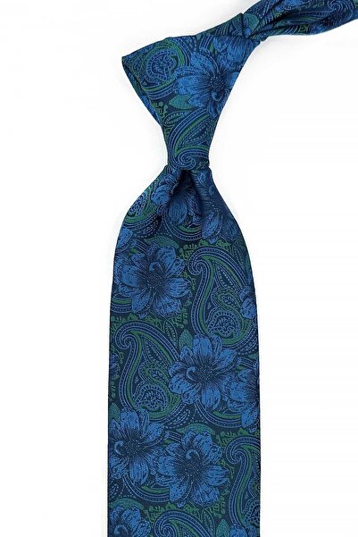 Kravatkolik Albastru închis - Cravată clasică cu model de flori verzi KK13336