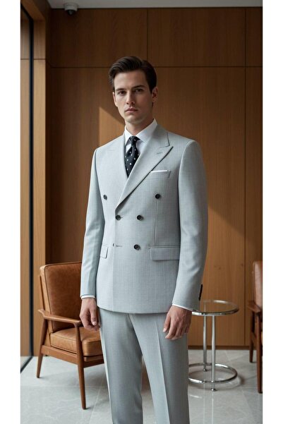 Salihtarzz Takım Elbise SlimFit Çizgili Gri Kruvaze Premium SD42296