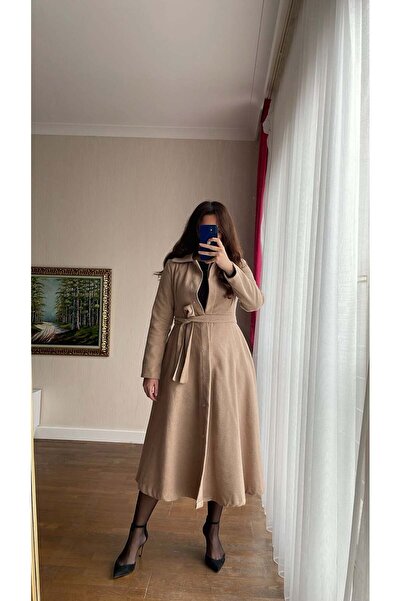 handebatmazbutik Kuşaklı Taş Rengi Kloş İnce Kaban