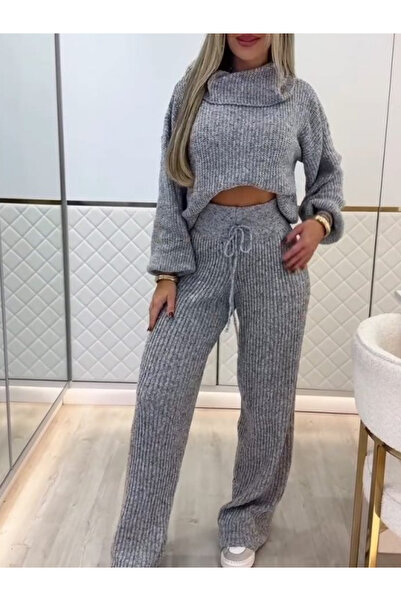 Viyamo Yeni Sezon Minimalist Kadın Triko Takım Balıkçı Yaka Kısa Üst ve Pantolon