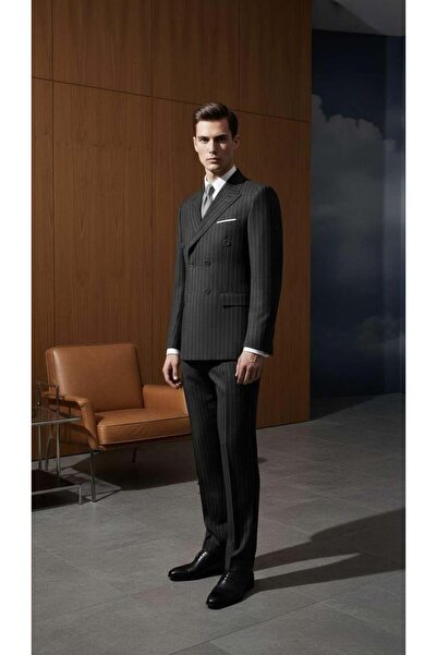 Salihtarzz Takım Elbise SlimFit Çizgili Füme Kruvaze Premium SD42297