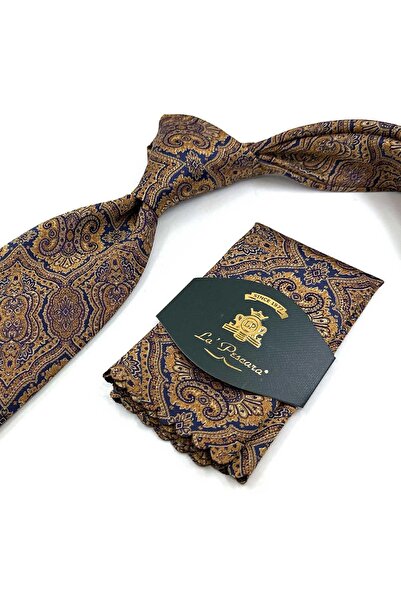 Kravatkolik Κλασική γραβάτα με μοτίβο κίτρινο - μπλε ναυτικό με μαντήλι KK13323