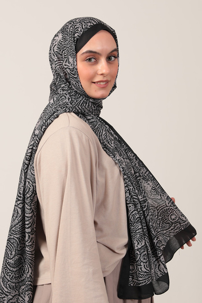 ipekistanbul Cotton Silk Shawl - Lalezar Pattern - Black Mink