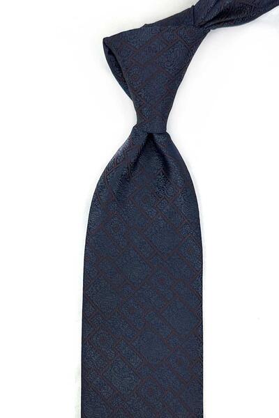 Kravatkolik Navy Blue - Smoked Square Pattern Classic Tie with Pocket Square Kk13331