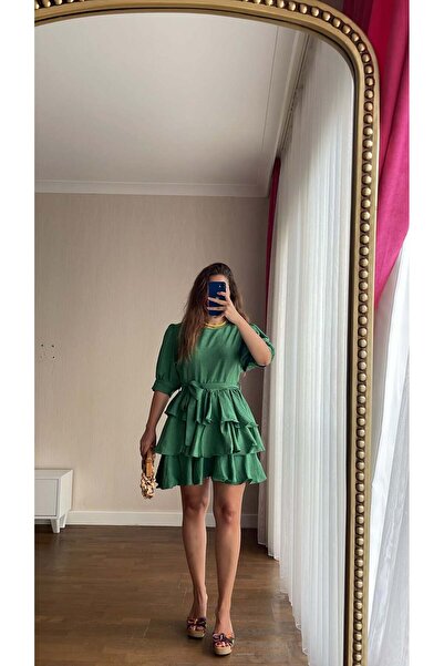 handebatmazbutik Karpuz Kol Eteği Fırfırlı Yeşil Elbise