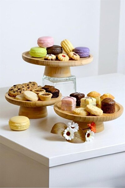 Bayev Bamboo 3-Piece Round Footed Presentation Tray Set - Wooden Serving Presentation Plate 15-17-20 cm