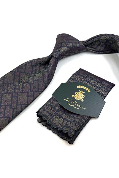 Kravatkolik Green - Plum Square Pattern Classic Tie with Handkerchief Kk13329