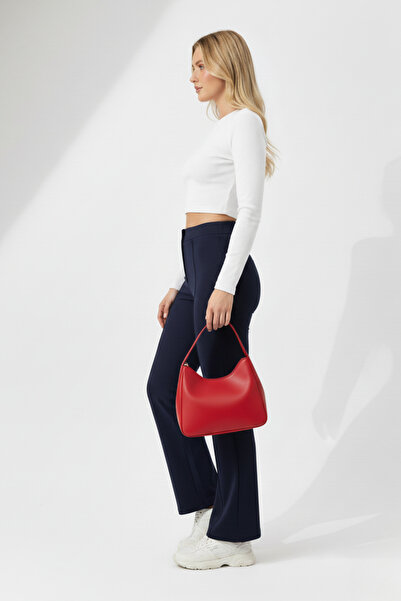 buğrahayalin Women's High Waist Shaping / Sculpting Scuba Crepe Palazzo Flared Pants with Tassel Detail - Navy Blue