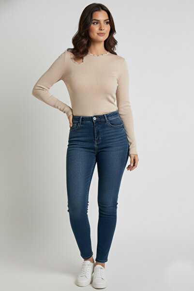 evolise Crew Neck Cut Out Stoned Corded Fabric Ribbed Knit Blouse - Cream