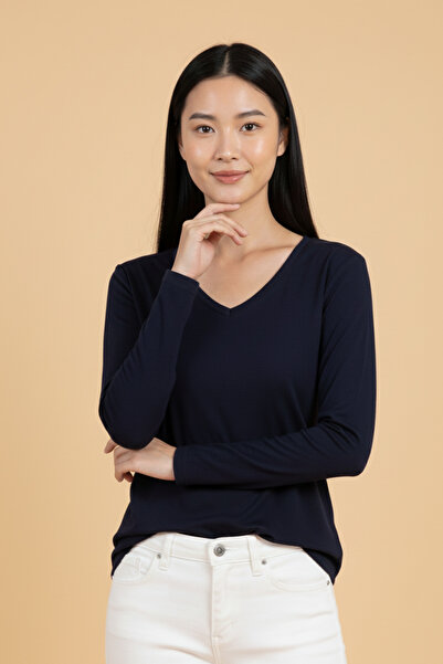 Giyimodam Women's V-Neck Navy Blue Viscose Blouse