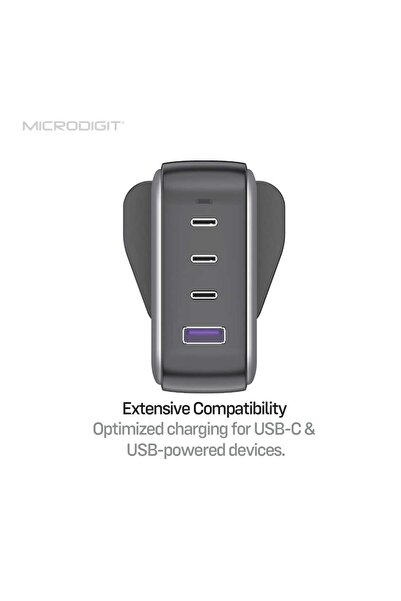 Microdigit 100W GaN travel adapter with 3 PD ports and a USB port, suitable for all devices and provides fast charging.