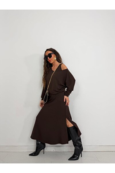 QİMYA BUTİK With a Bunch Women's Thick Strap Y Slit Sleeveless Dress over Long Sleeve Open Collar Short Blouse Two-Piece