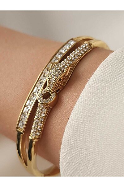 ZÜLİSCH ÇELİK KELEPÇE GOLD ZİRKON TAŞLI YILAN MODEL PASLANMAZ