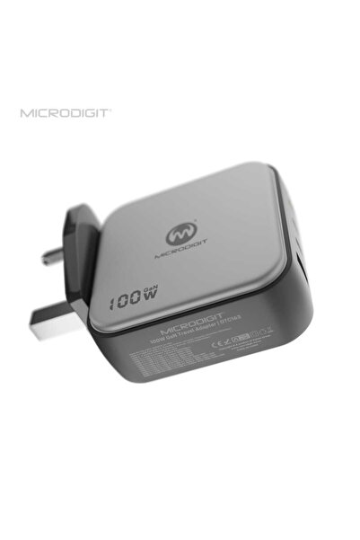 Microdigit 100W GaN travel adapter with 3 PD ports and a USB port, suitable for all devices and provides fast charging.