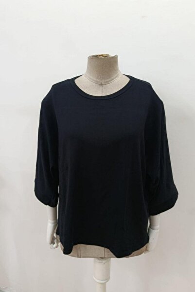 Mossta Relaxed Fit Wide Crew Neck Viscose Blouse - Black