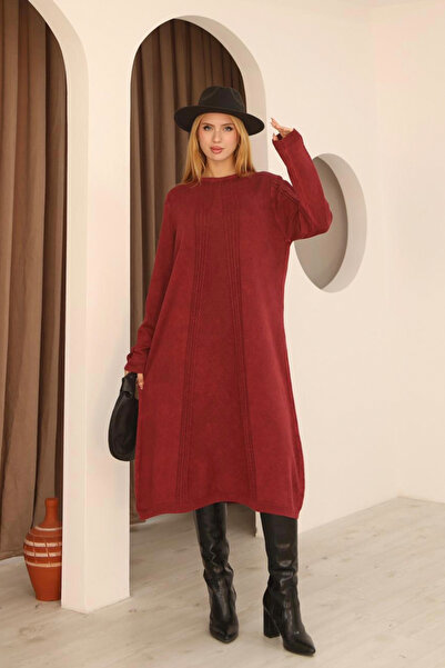 AYASOFYA OTANTIK Women's Burgundy Round Neck Patterned Pocketed Vintage Loose Cotton Knit Midi Dress