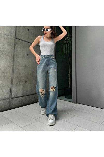 Karakedi Blue Vintage Ripped Detail Loose Leg Jeans Pants