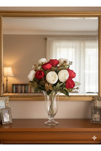 YAPAY ÇİÇEK DERYASI 1 وردة بيجامة حمراء وبيضاء 27 سم 5 فروع زينة للديكور في ا...