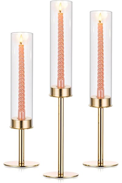 ANGJU مجموعة حاملات الشموع الذهبية من 3 قطع - حاملات شموع طويلة مدببة من طراز Hurricane