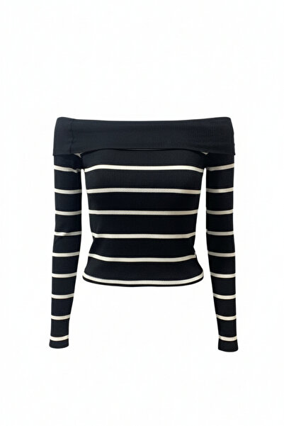 evolise Women's Black - White Striped Madonna Collar Blouse