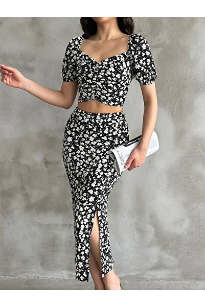 buğrahayalin Women's Black Floral Patterned Slit Skirted Crop Blouse Double Suit