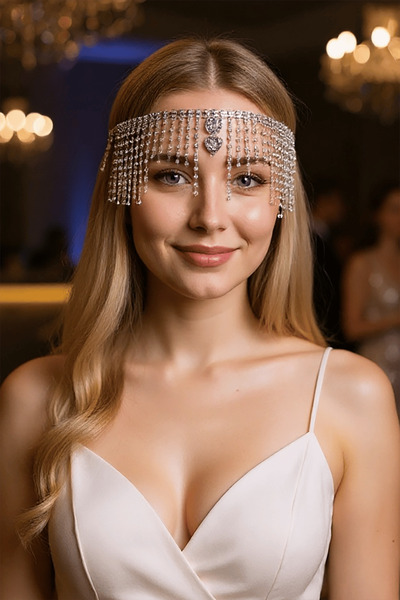 TAKIŞTIR Gümüş Renk Taş Detaylı Alınlık/Kına Aksesuarı