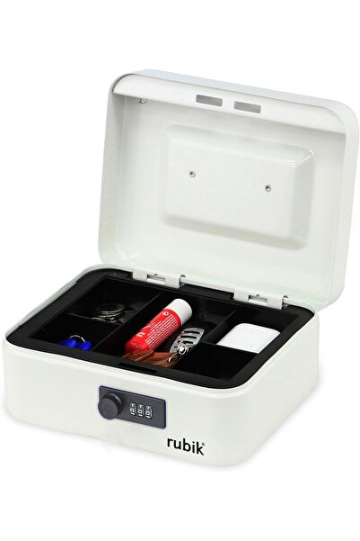 RUBIK صندوق نقود متوسط الحجم مع صينية وقفل رقمي (20×16×9 سم) - أبيض