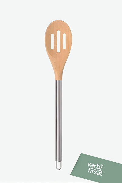 Varbifırsat 33 cm Wooden Tipped Metal Slotted Serving Spoon - Slotted Spoon